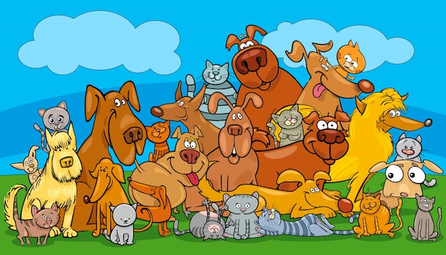 Vetor grupo de personagens de animais de estimação e cães de desenhos animados