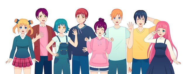 Grupo de personagens de anime. amigos de garotos e garotas de mangá jovens no estilo de quadrinhos japoneses. conjunto de vetores de estudantes masculinos e femininos coreanos a sorrir. alunos felizes da escola kawaii com roupas casuais