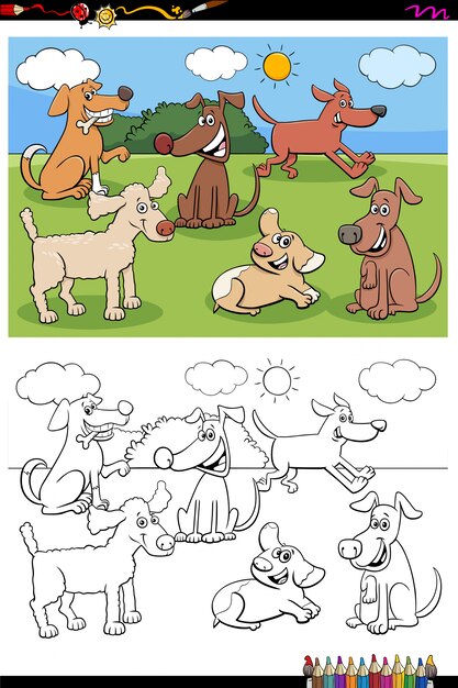 Grupo de personagens de cães e filhotes página para colorir livro