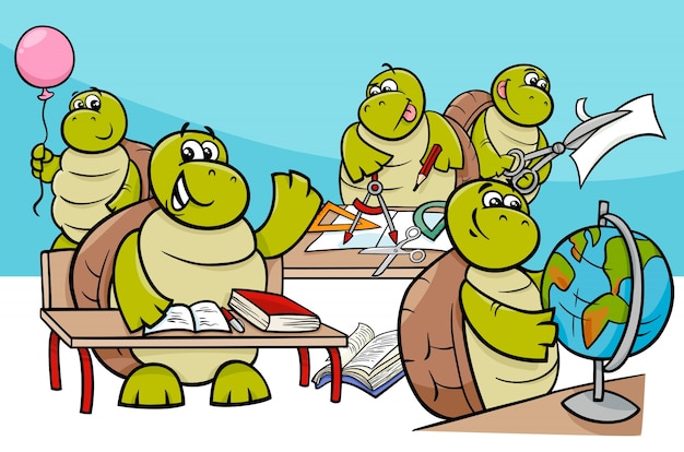 Grupo de personagens de desenhos animados de alunos de tartarugas