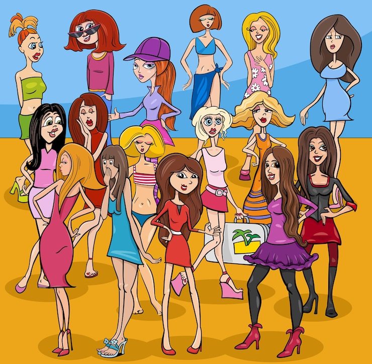 Vetor grupo de personagens de garotas bonitas ou mulheres de desenho animado