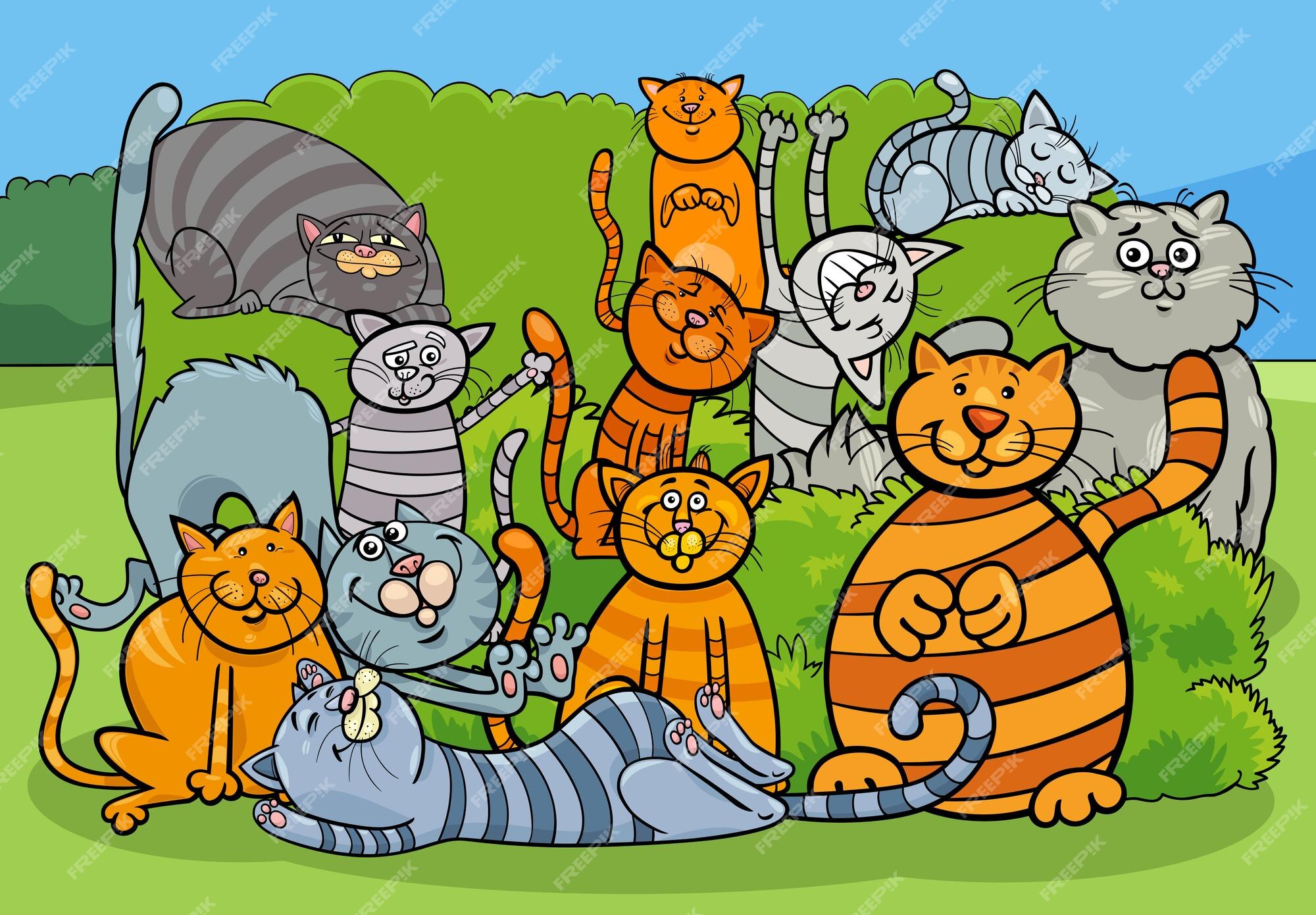 Ilustração dos desenhos animados do grupo de personagens de animais em  quadrinhos de gatos coloridos engraçados