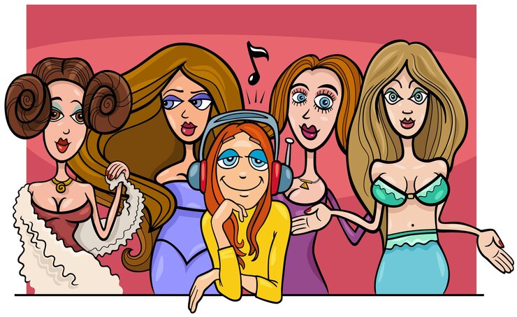 Vetor grupo de personagens de quadrinhos de meninas ou mulheres da moda dos desenhos animados