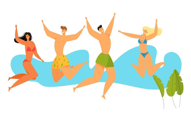 Grupo de personagens jovens felizes em trajes de banho pulando com as mãos para cima