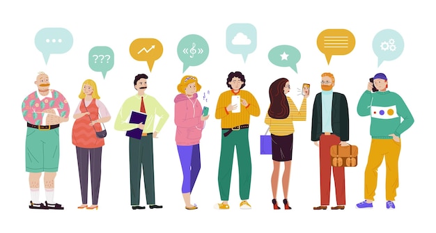 Grupo de pessoas, bolhas de fala, comunicação, ilustração vetorial, participantes do bate-papo, fazer perguntas, encontrar