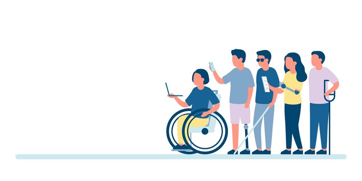Vetor grupo de pessoas com deficiência em cadeira de rodas e outras deficiências. incapacidade e inclusão emprego no trabalho