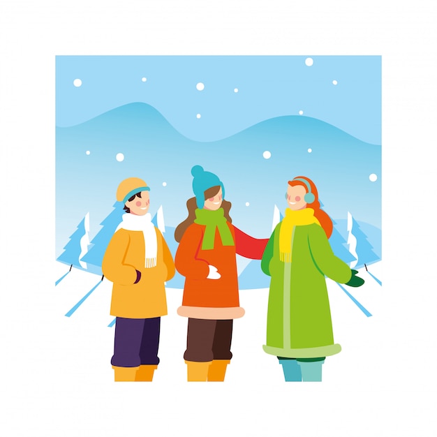 Grupo de pessoas com roupas de inverno na paisagem com neve