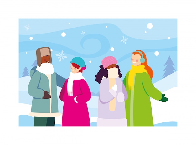 Grupo de pessoas com roupas de inverno na paisagem com neve