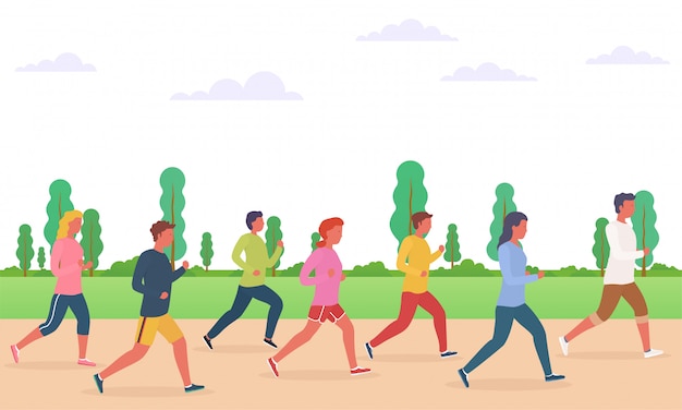 Grupo de pessoas correndo. Conceito de corrida de homens e mulheres, maratona, corrida.