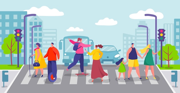 Grupo de pessoas cruzando a estrada da cidade, pedestres andando na faixa de pedestres. Personagens atravessam a rua na travessia de pedestres ilustração vetorial. Menino e menina de skate e monociclo, mulher com telefone