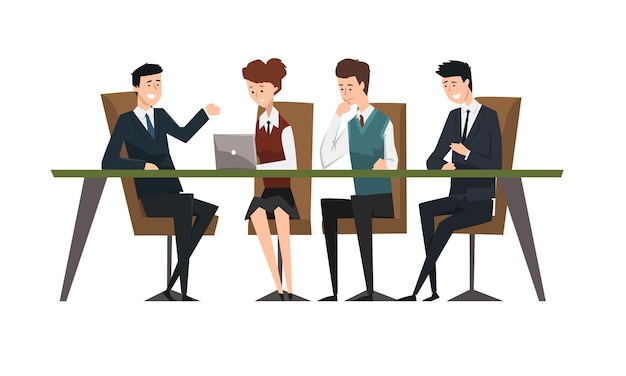 Grupo de pessoas de negócios se reunindo em mesa de conferência Colegas do sexo masculino discutindo ideias ou brainstorming Ilustração vetorial de estilo desenho animado