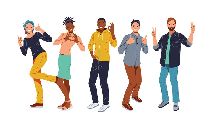 Vetor grupo de pessoas diversas mostrando emoções positivas com gestos com as mãos
