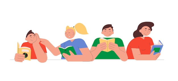 Vetor grupo de pessoas lendo livros juntos. homens e mulheres positivos seguram livros nas mãos.