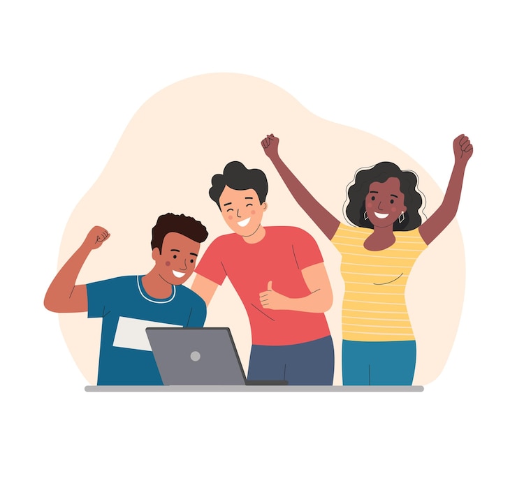 Vetor grupo de pessoas olha para um laptop e se alegra com o sucesso ilustração vetorial de estilo simples