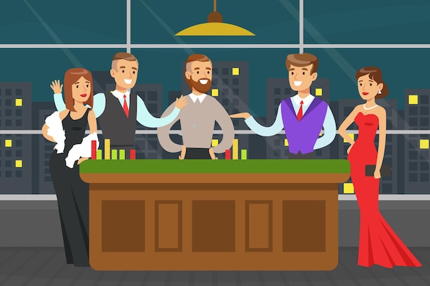 Grupo de pessoas personagens na mesa do cassino jogando jogo de póquer Ilustração vetorial