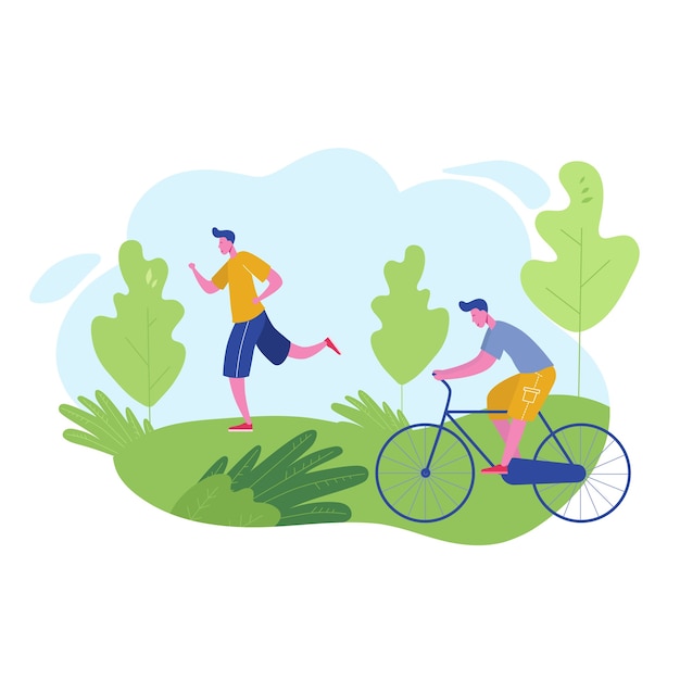 Grupo de pessoas realizando atividades esportivas, lazer no parque, corrida, passeios de bicicleta. Homem de personagens fazendo exercícios ao ar livre. Desenho plano