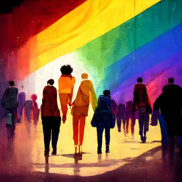 Grupo de pessoas segurando um arco-íris LGBT