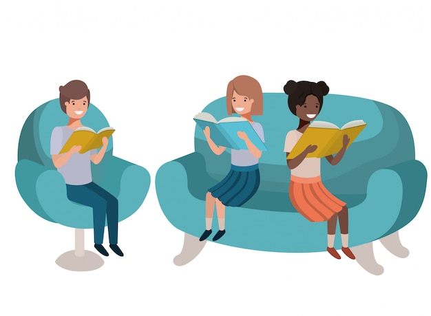 Grupo de pessoas sentadas no sofá com o personagem de avatar de livro