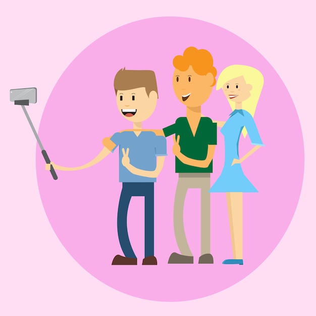 Grupo de pessoas tirando foto de Selfie no telefone inteligente com vara