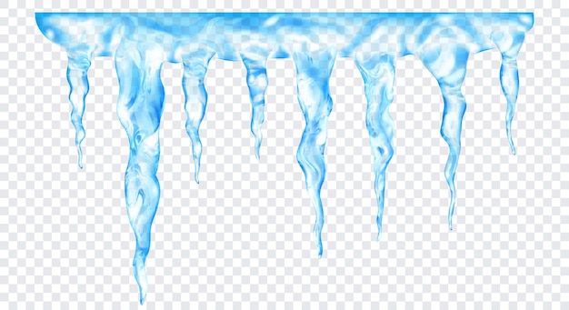 Grupo de pingentes de gelo realistas de azul claro translúcido de comprimentos diferentes, conectados na parte superior, isolados em um fundo transparente. Transparência apenas em formato vetorial