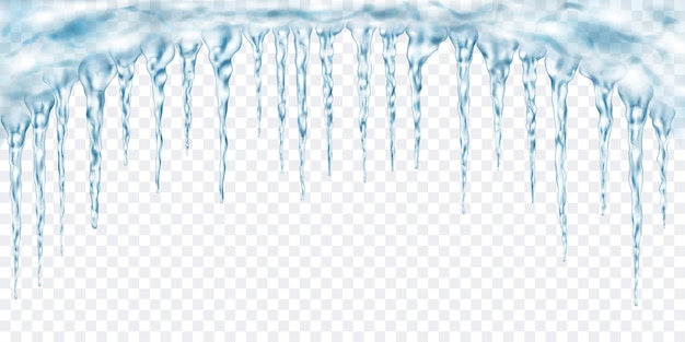 Grupo de pingentes de gelo realistas de azul claro translúcido de comprimentos diferentes conectados na parte superior. Para uso em fundo claro. Transparência apenas em formato vetorial