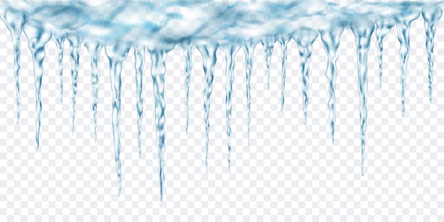Grupo de pingentes de gelo realistas de azul claro translúcido de diferentes comprimentos conectados na parte superior. Para uso em fundo claro. Transparência apenas em formato vetorial