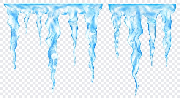 Grupo de pingentes realistas de azul claro translúcido de diferentes comprimentos, conectados na parte superior, isolados em um fundo transparente. transparência apenas em formato vetorial