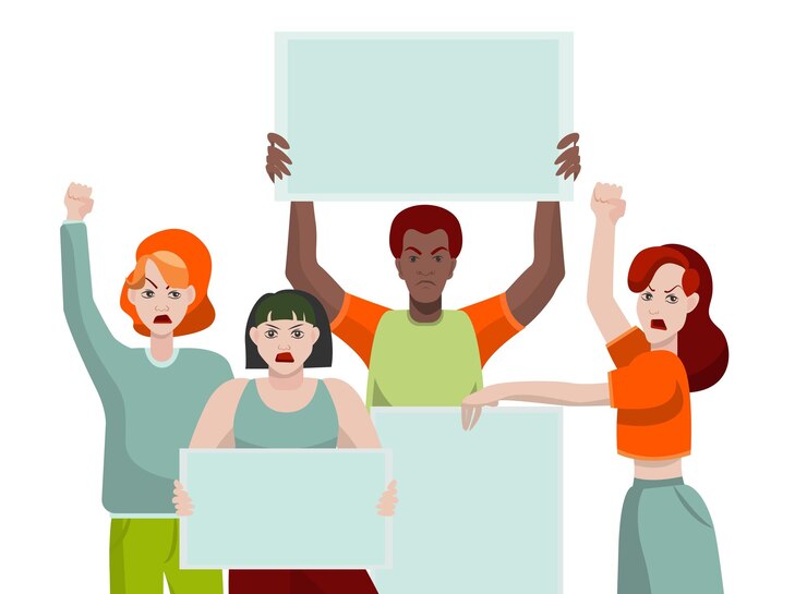 Vetor grupo de quatro pessoas protestam em estilo simples com cartazes em branco, isolados no fundo branco.