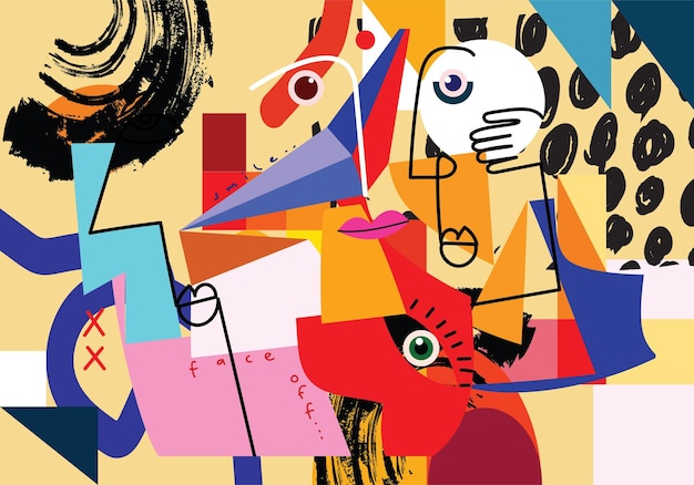 Grupo de retratos abstratos de rostos, desenhos geométricos, linhas desenhadas à mão, ilustrações vetoriais, arte de parede.