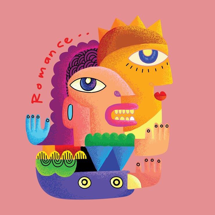 Vetor grupo de retratos abstratos de rostos, desenhos geométricos, linhas desenhadas à mão, ilustrações vetoriais, arte de parede.