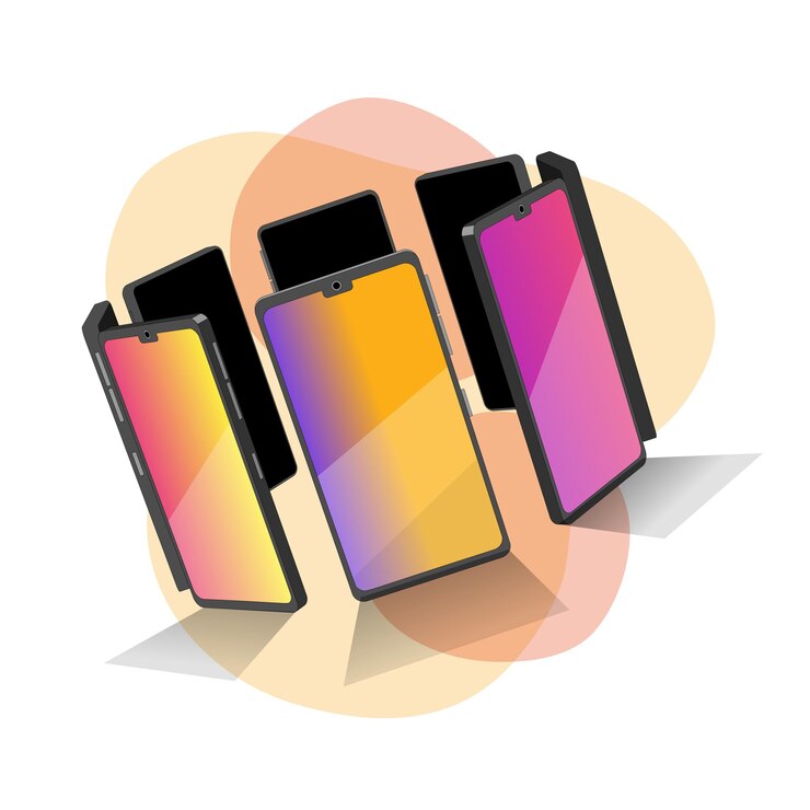 Vetor grupo de telefones celulares de modelos 3d. smartphones em forma de círculo. elementos de modelos 3d para seu projeto em vetor. imagens criativas para seu banner, pôster de propaganda no celular.