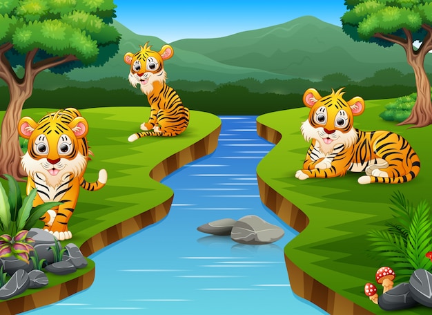 Grupo de tigre dos desenhos animados à beira do rio