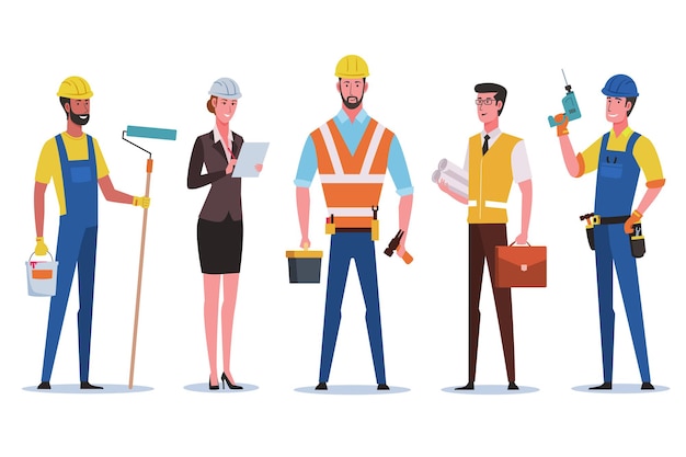 Grupo de trabalhadores da construção. Engenheiro, arquiteto, técnico e construtor
