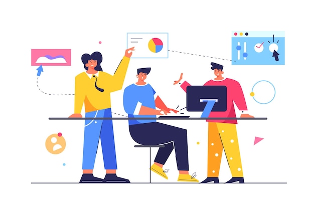 Grupo de trabalhadores trabalhando com arquivos e dados, cara sentado à mesa e trabalhando no computador, isolado no fundo branco, ilustração plana