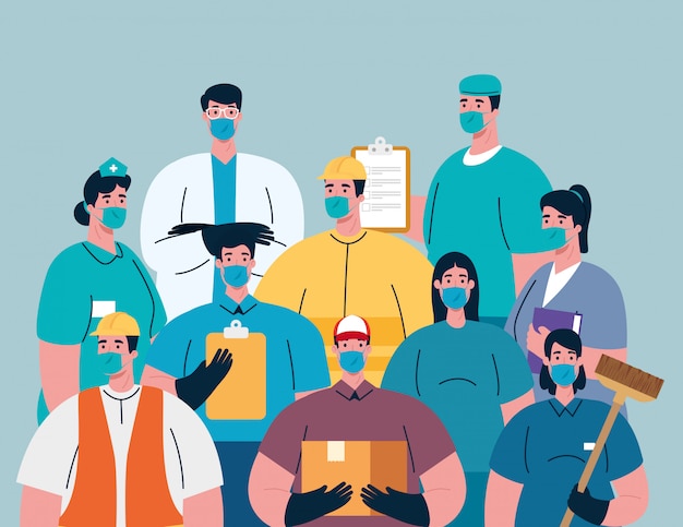 Grupo de trabalhadores usando máscaras médicas para a pandemia 19