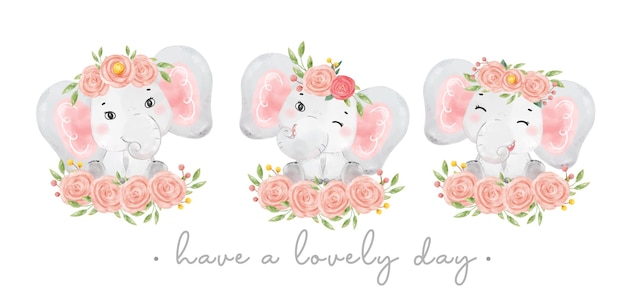 Grupo de três lindos bebês elefantes cor-de-rosa adorável sorriso sentado em buquês de flores aquarela animal berçário desenhos animados han ilustração desenhada