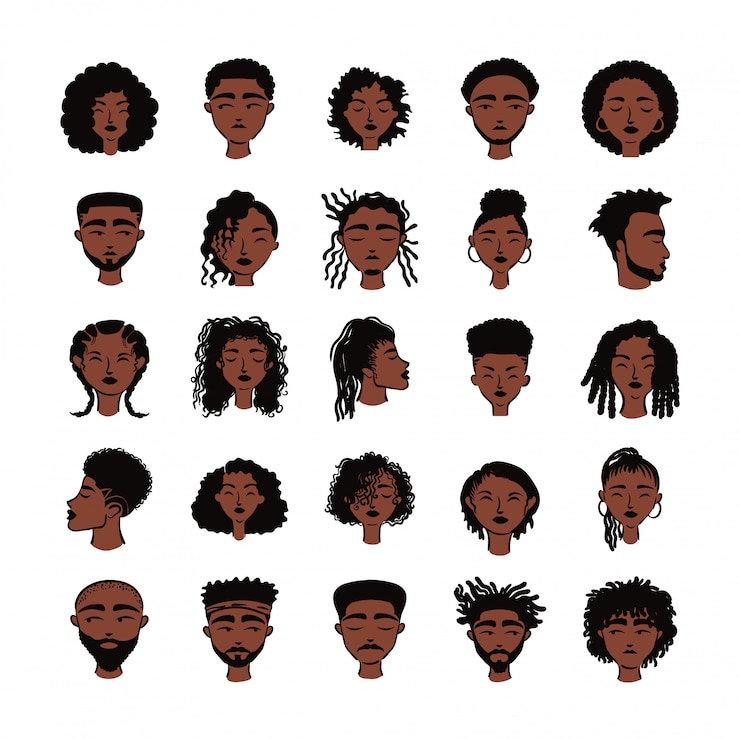 Vetor grupo de vinte e cinco personagens de avatares de afro-étnicos