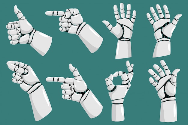 Grupo dos desenhos animados do vetor das mãos do robô isolado no fundo branco.
