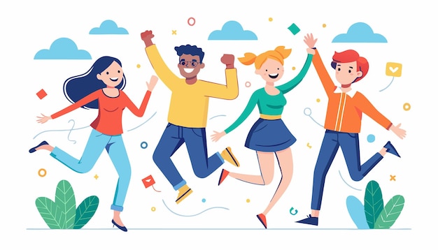 Grupo feliz de jovens saltando personagens sucesso de estilo de vida Minimal Vector Ilustração plana