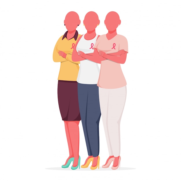 Grupo feminino careca usa fita de câncer de mama em pose de pé no fundo branco.