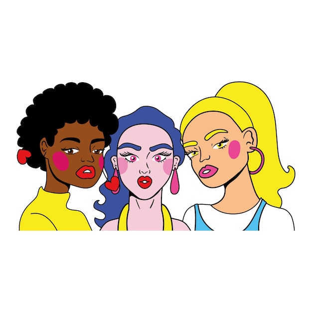 Vetor grupo inter-racial de meninas com estilo pop art