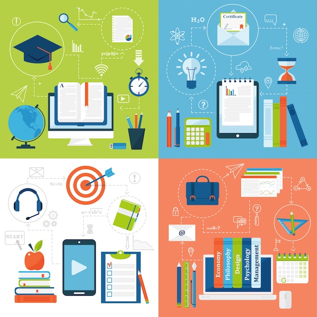 Grupo liso do vetor dos ícones da educação em linha de símbolos da escola e webinar da distância.