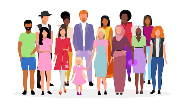 Grupo multicultural de pessoas ilustração plana. diferentes nacionalidades, raças, homens e mulheres, personagens de desenhos animados. jovens adultos caucasianos e afro-americanos multirraciais, diversas garotas e rapazes