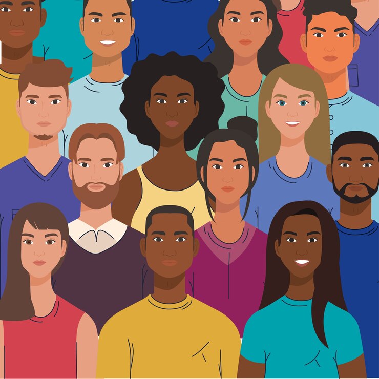 Vetor grupo multiétnico de pessoas juntas, conceito de diversidade e multiculturalismo.