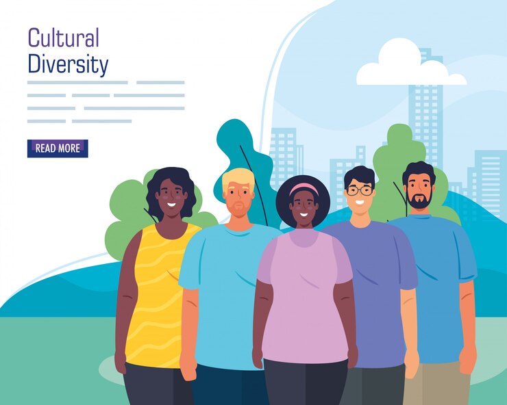 Vetor grupo multiétnico de pessoas juntas na paisagem urbana, cultura e diversidade conceito de design de ilustração vetorial