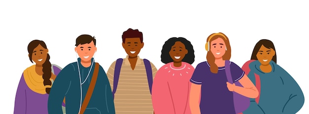 Grupo multirracial de estudantes do sexo masculino e feminino adolescentes com mochilas