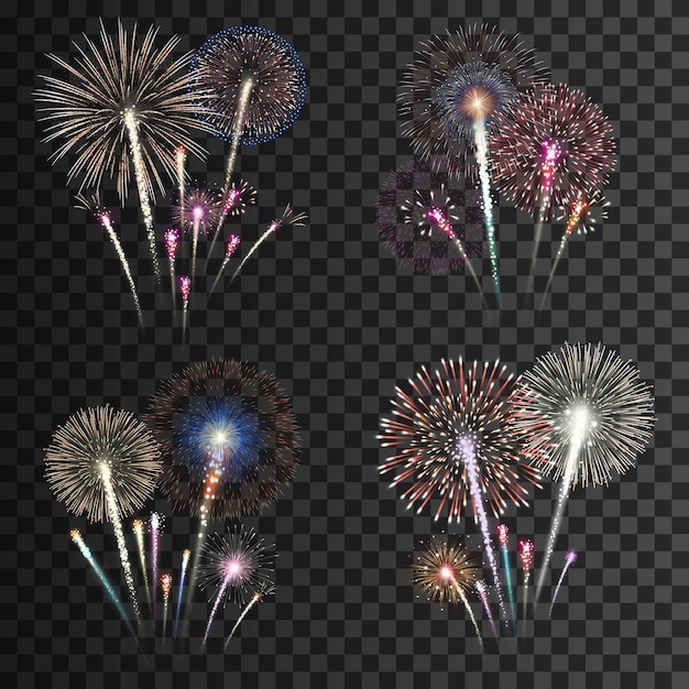 Vetor grupos de fogos de artifício realistas isolados em ilustração vetorial de fundo transparente