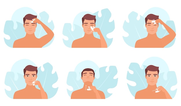 Gua sha massagem facial infográfico conjunto de personagens masculinos massageando a pele do rosto e pescoço