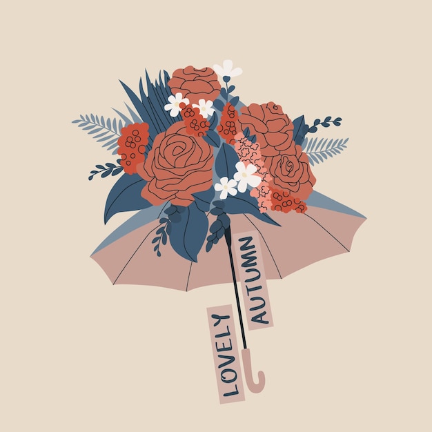 Vetor guarda-chuva com um buquê de flores nele texto adorável outono ilustração vetorial para etiqueta de cartão postal de design de outono etc