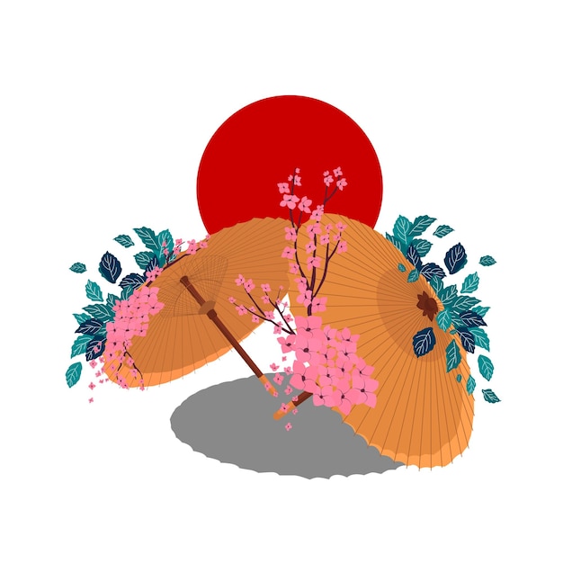 Guarda-chuva japonês. Flor de Sakura. Ramo de cereja com flores e botão. Pétalas caindo. Ilustração em vetor cor plana dos desenhos animados isolada no sol vermelho.
